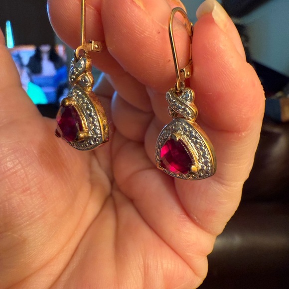Vintage gold over Sterling Silver 925 Simulated Ruby & CZ Drop Earrings - Picture 4 of 8